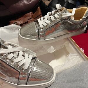 Christian Souboutin Silver Metallic Sneakers with White Laces